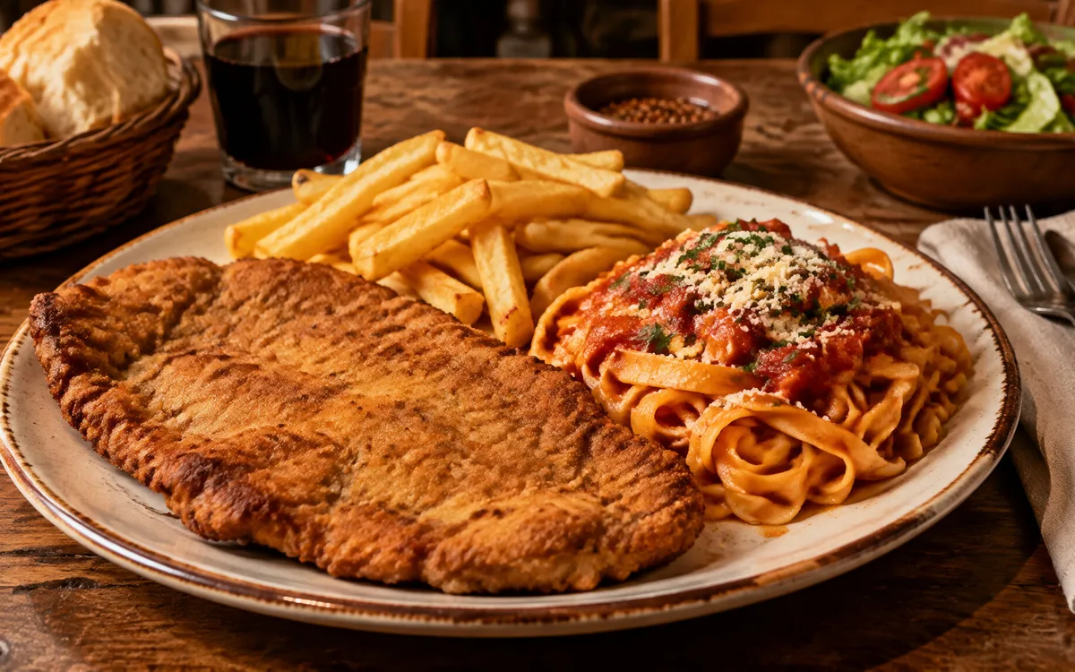 Milanesa con patatas fritas y pasta casera, plato del restaurante de comida casera Tiazelmira